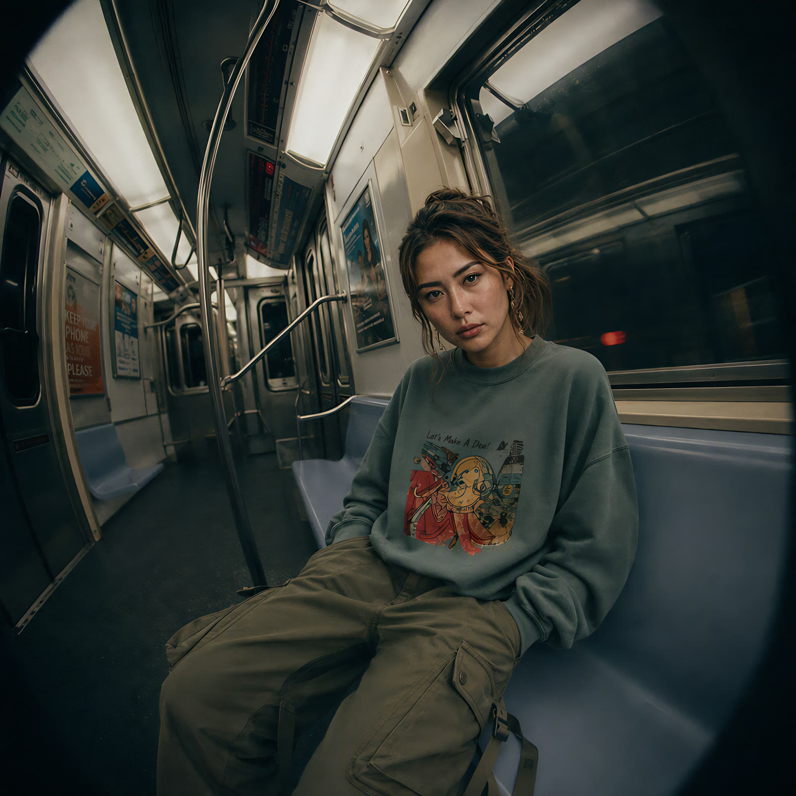 The same character dropped into a subway-car scene