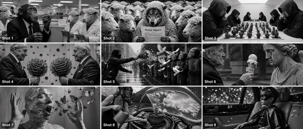 A nine-panel storyboard, one subject carried across every shot