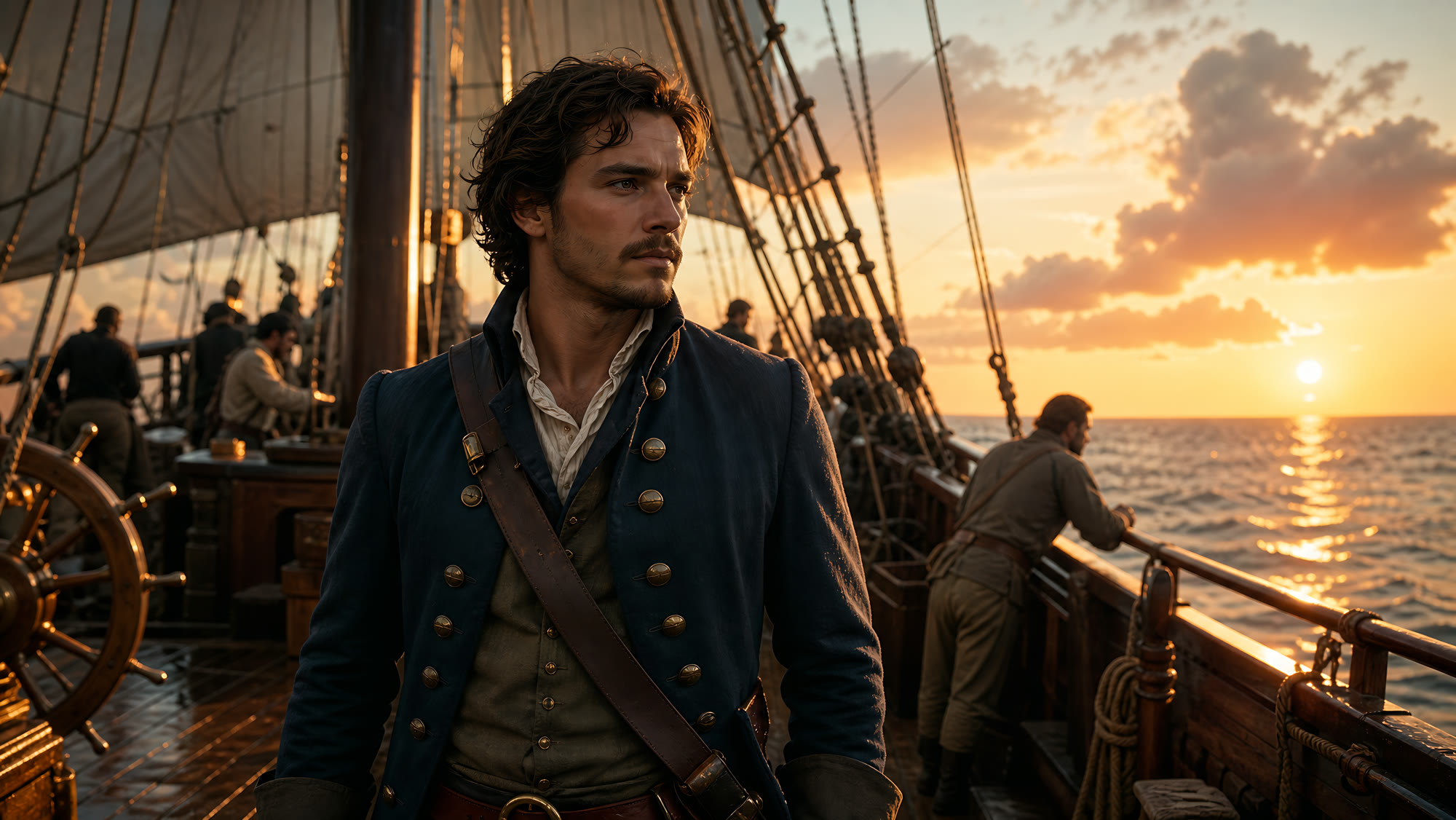 A cinematic frame made in ShotBorn: a ship's captain on deck at sunset