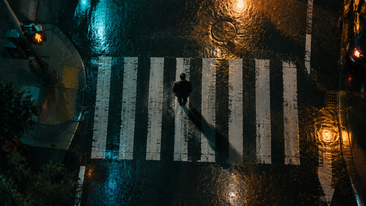 Bird's-eye shot of a figure on a rain-slicked crosswalk at night
